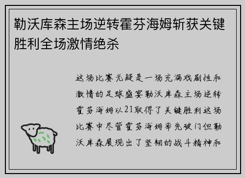 勒沃库森主场逆转霍芬海姆斩获关键胜利全场激情绝杀